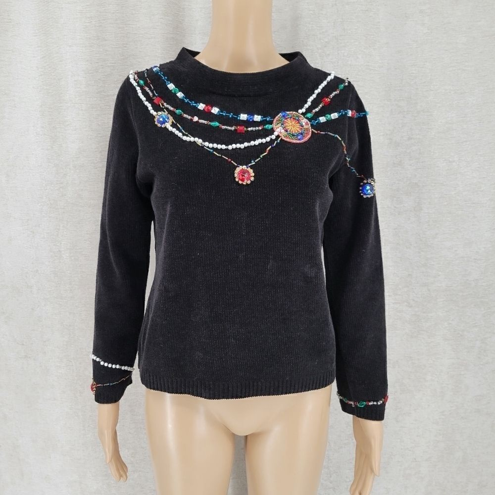 Christopher Radko Vintage Black Chenille Sweater With Beautiful Gems + Beading